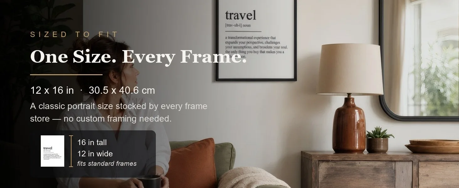 Sized to fit: 12 x 16 in, 30.5 x 40.6 cm, a standard portrait size stocked by every frame store.