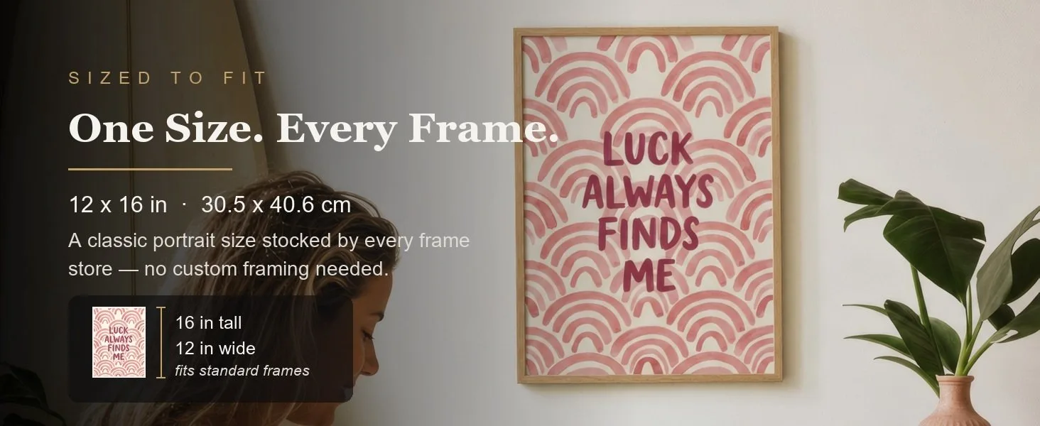 Sized to fit: 12 x 16 in, 30.5 x 40.6 cm, a standard portrait size stocked by every frame store.