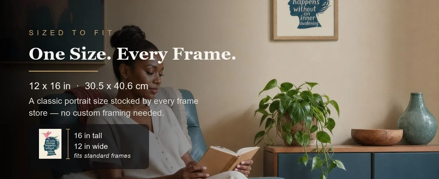Sized to fit: 12 x 16 in, 30.5 x 40.6 cm, a standard portrait size stocked by every frame store.