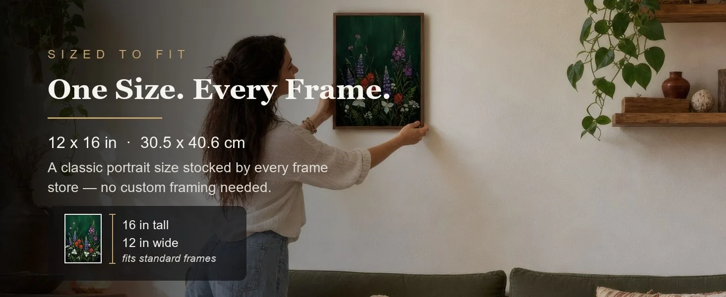 Sized to fit: 12 x 16 in, 30.5 x 40.6 cm, a standard portrait size stocked by every frame store.