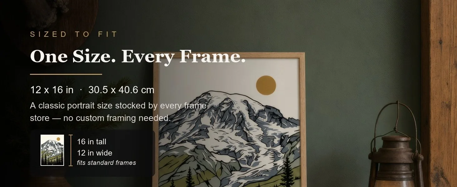 Sized to fit: 12 x 16 in, 30.5 x 40.6 cm, a standard portrait size stocked by every frame store.