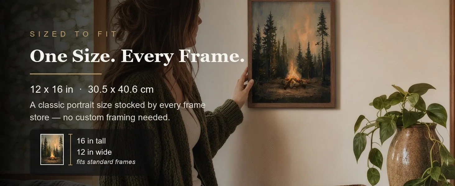 Sized to fit: 12 x 16 in, 30.5 x 40.6 cm, a standard portrait size stocked by every frame store.
