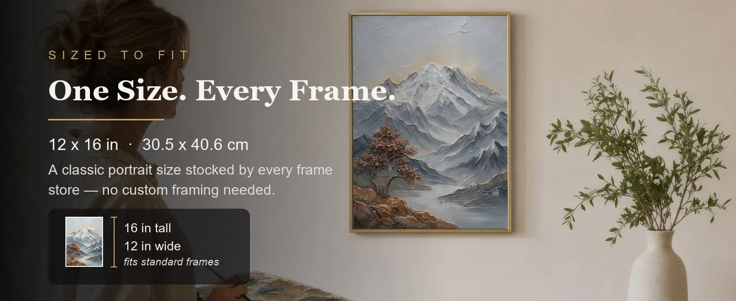 Sized to fit: 12 x 16 in, 30.5 x 40.6 cm, a standard portrait size stocked by every frame store.