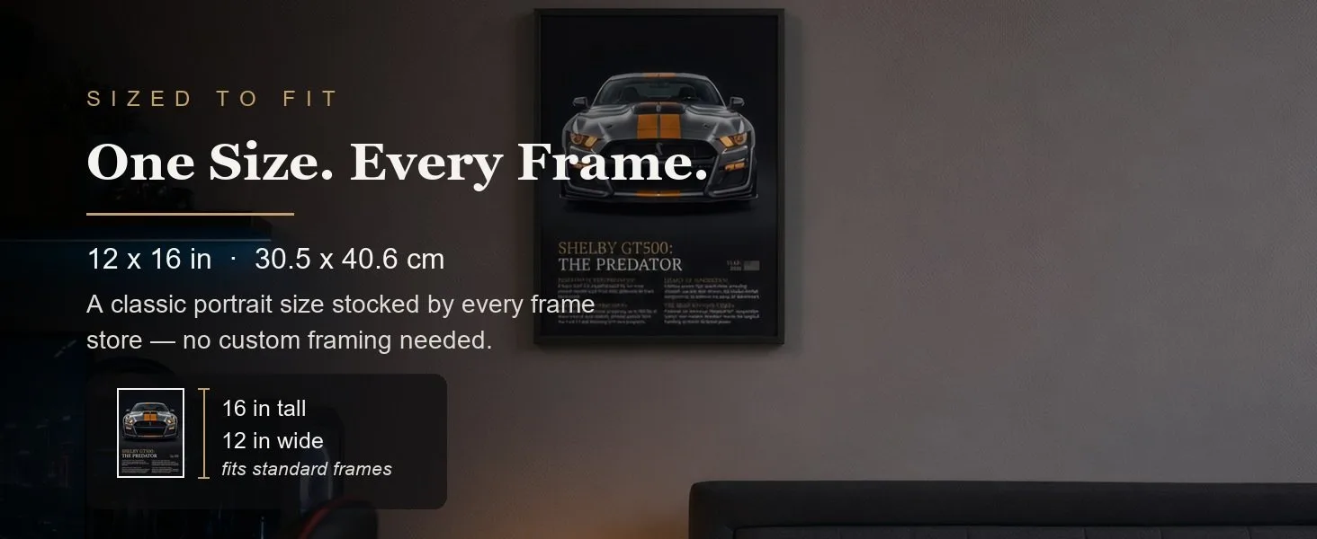 Sized to fit: 12 x 16 in, 30.5 x 40.6 cm, a standard portrait size stocked by every frame store.