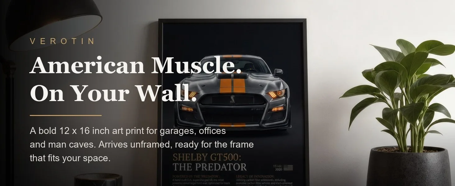 Muscle Car, Black and Orange in a styled room. Arrives unframed, 12 x 16 in.