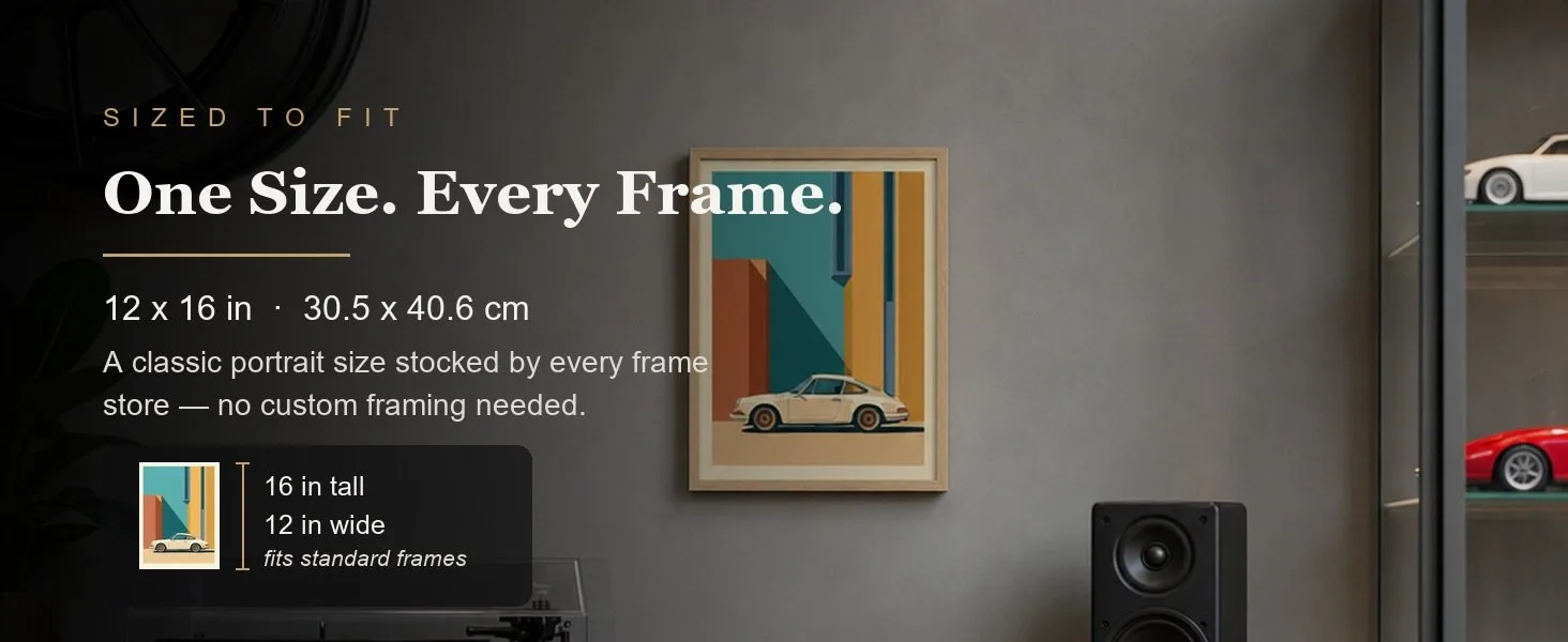 Sized to fit: 12 x 16 in, 30.5 x 40.6 cm, a standard portrait size stocked by every frame store.