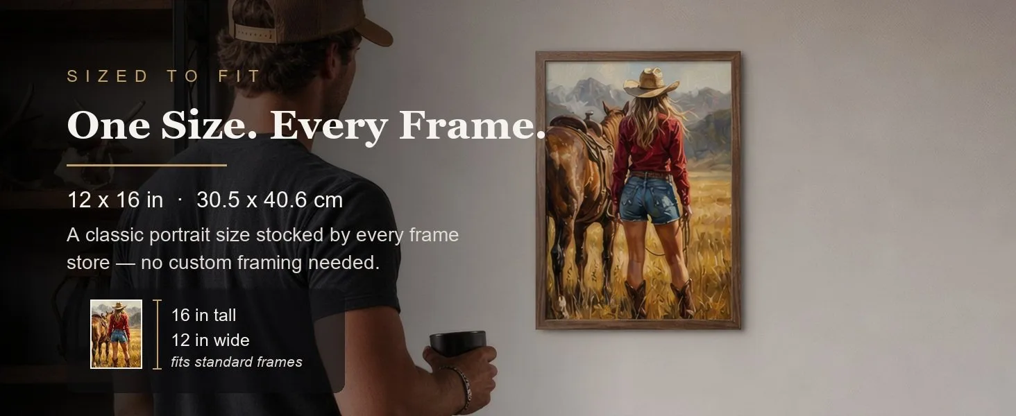 Sized to fit: 12 x 16 in, 30.5 x 40.6 cm, a standard portrait size stocked by every frame store.