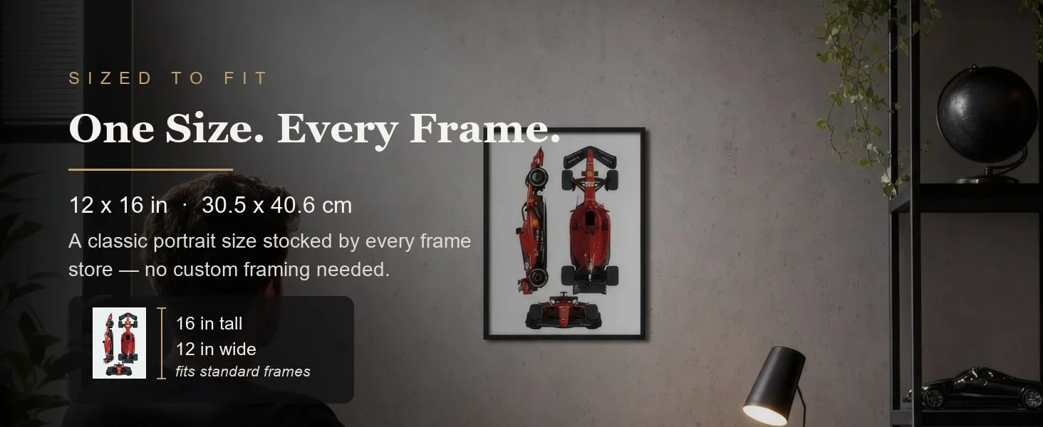 Sized to fit: 12 x 16 in, 30.5 x 40.6 cm, a standard portrait size stocked by every frame store.
