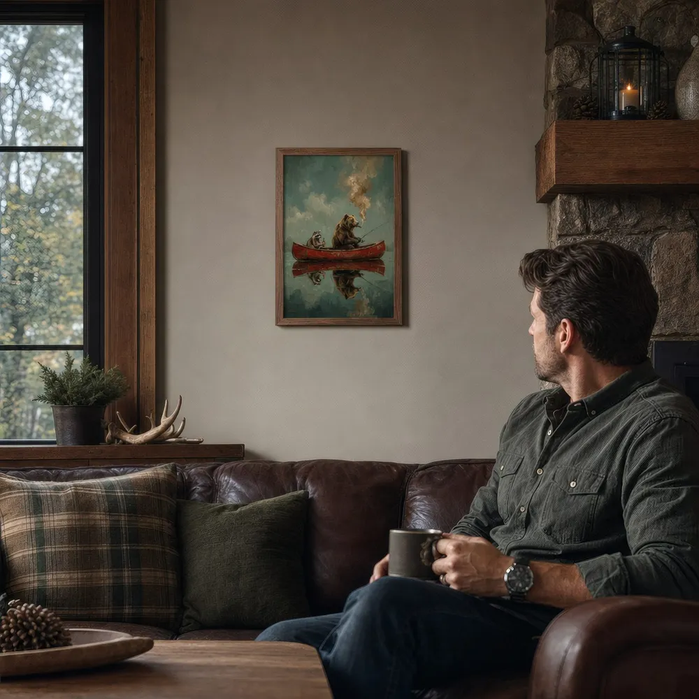 Bear Fishing: Styled room, from the listing. Frame not included