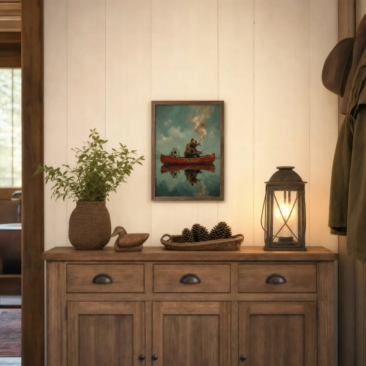 Bear Fishing: Styled room, from the listing. Frame not included