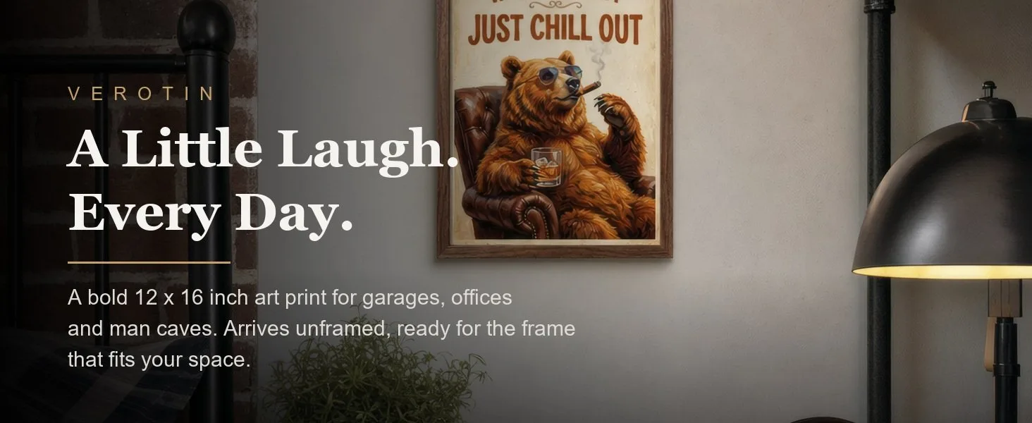 Just Chill Out, Bear in a styled room. Arrives unframed, 12 x 16 in.