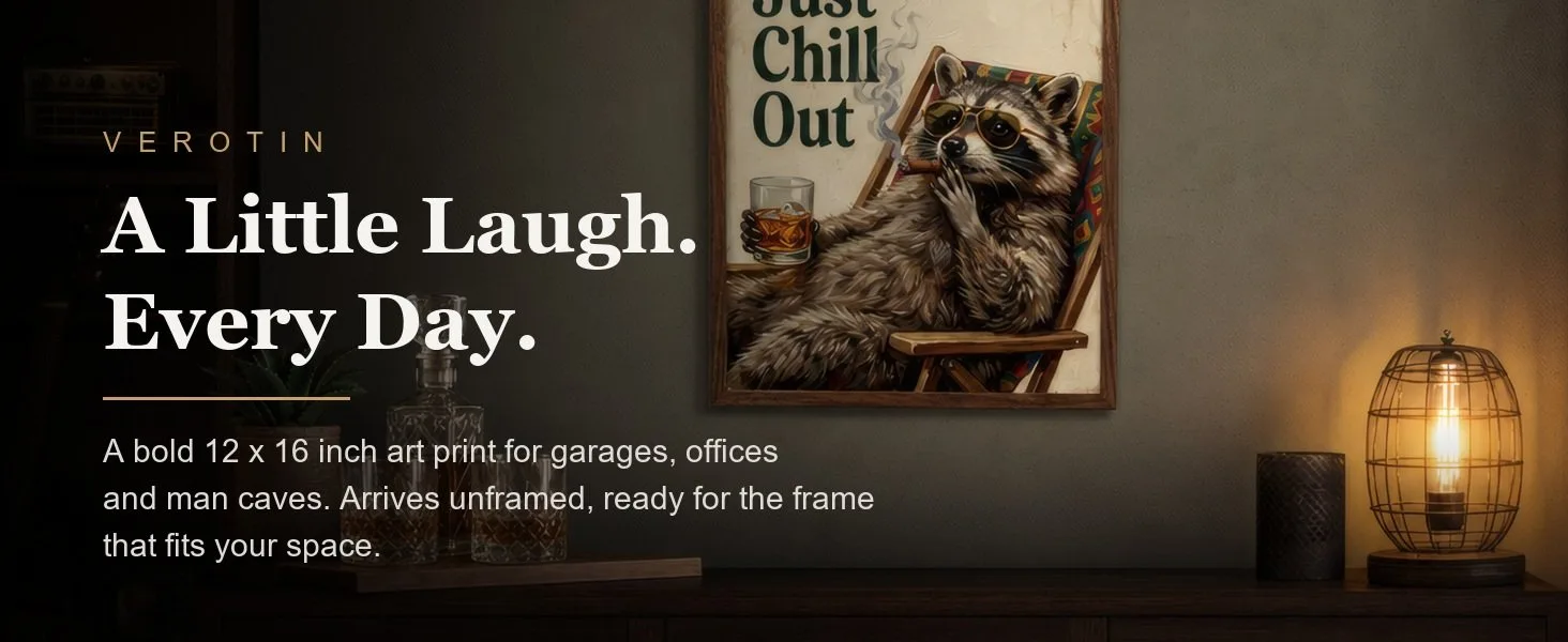 Just Chill Out, Raccoon in a styled room. Arrives unframed, 12 x 16 in.