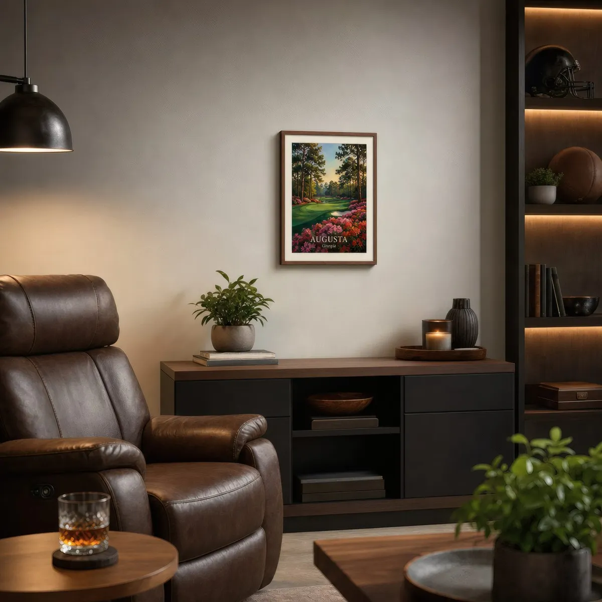 A man cave with a VeroTin art print on the wall.