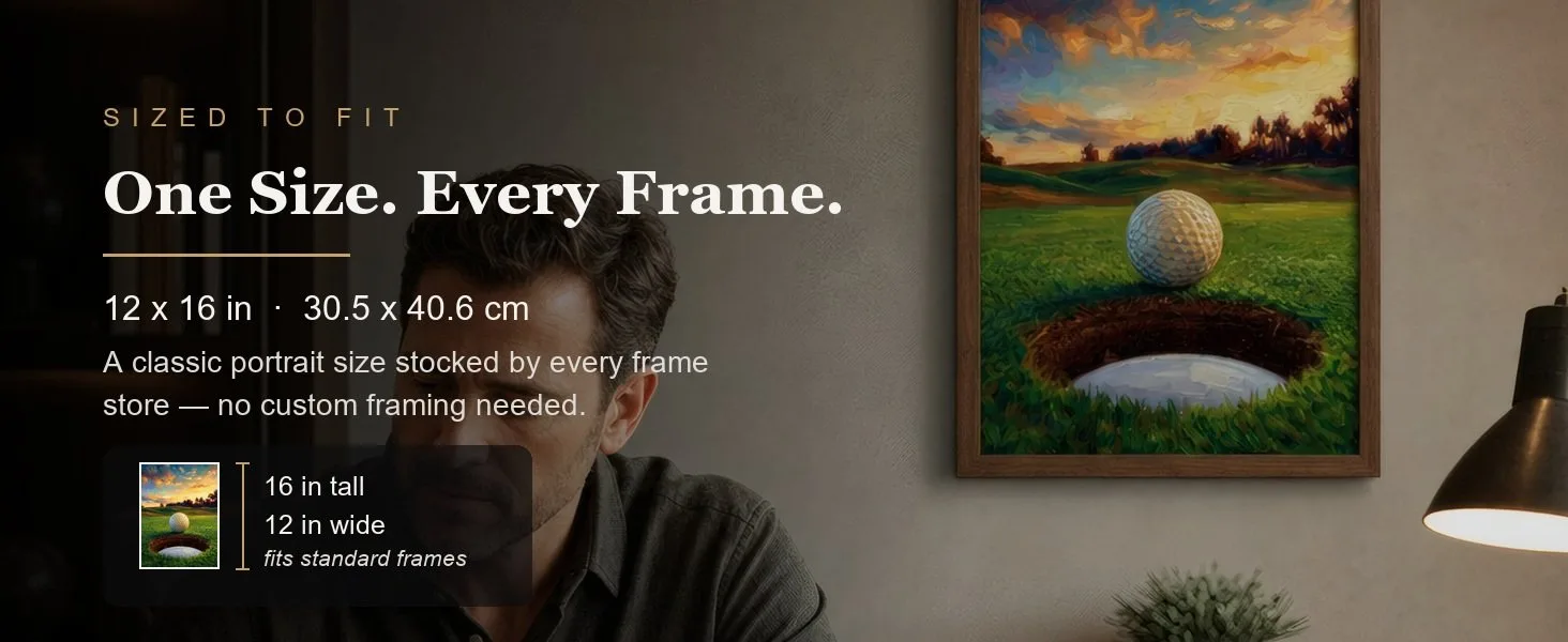 Sized to fit: 12 x 16 in, 30.5 x 40.6 cm, a standard portrait size stocked by every frame store.