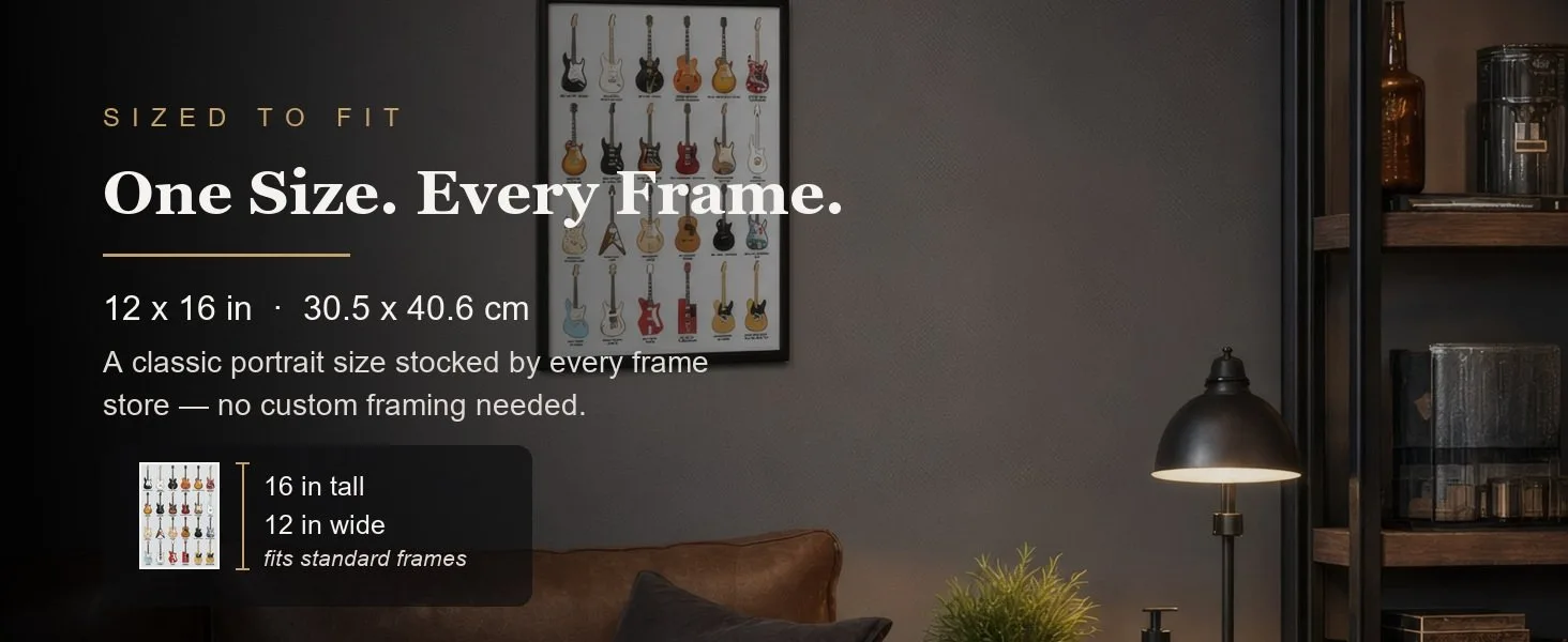 Sized to fit: 12 x 16 in, 30.5 x 40.6 cm, a standard portrait size stocked by every frame store.