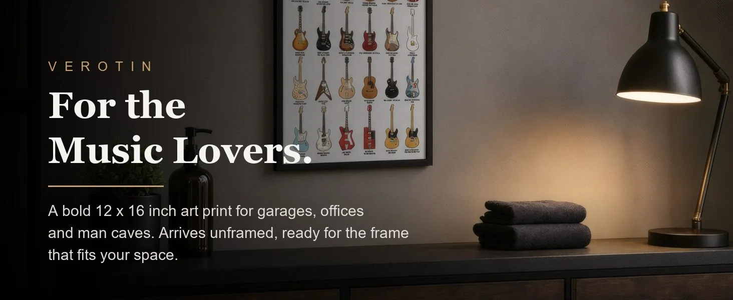 Guitar Collection in a styled room. Arrives unframed, 12 x 16 in.