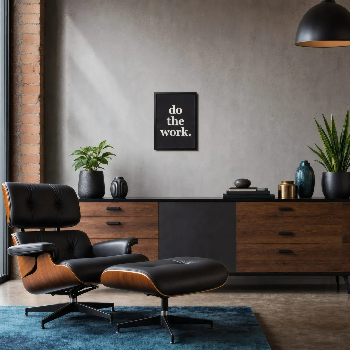 A home office with a VeroTin art print on the wall.