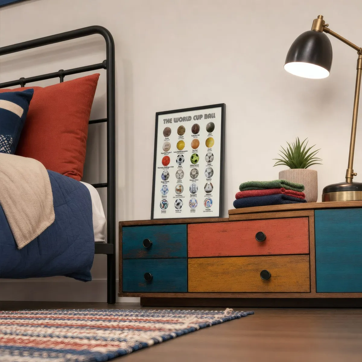 A kids' room with a VeroTin art print on the wall.